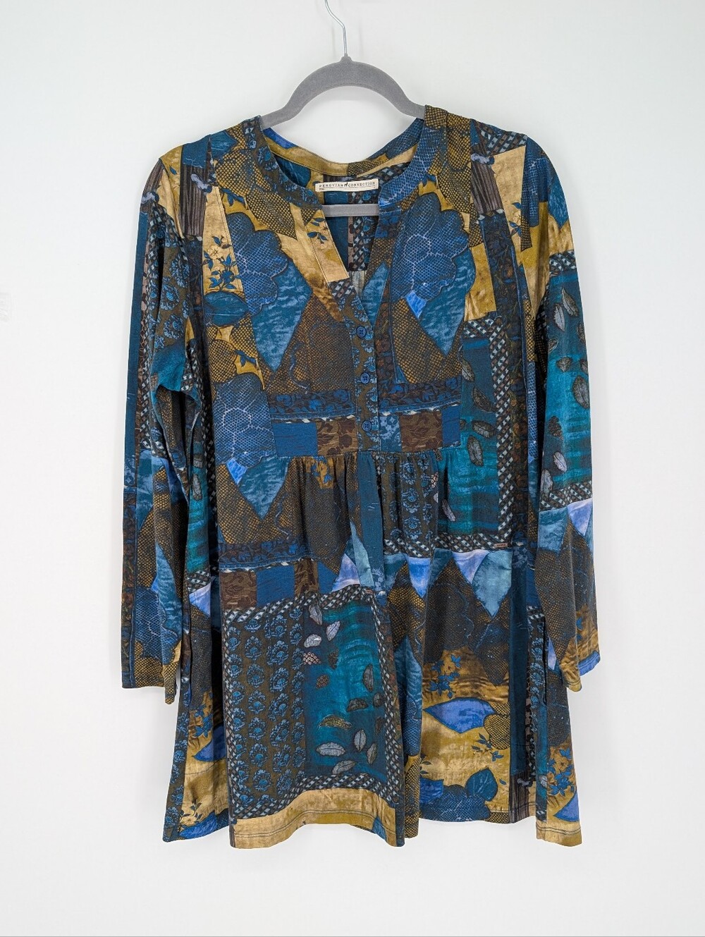 Peruvian Connection Tunic Top Patchwork Cotton Boho Lagenlook Artsy Blue Large